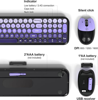 MOFII Wireless Keyboard and Mouse Combo, Compact Small Keyboard with Large Print, 2.4GHz Retro Typewriter Keyboard, Quiet Click Mouse for PC, Laptop, Desktop, Windows (Black Purple Gradient)