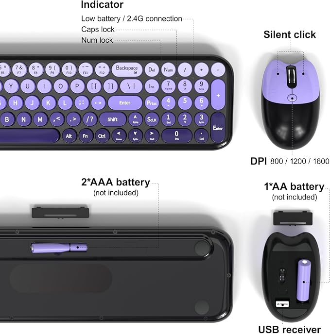 Wireless Keyboard and Mouse Combo, Meidosa 2.4GHz Colorful Full-Size Retro Typewriter Keyboard with Cat Shape 3 Level Adjustable Optical Mouse for PC/Desktop/Laptop/Windows (Black Purple)