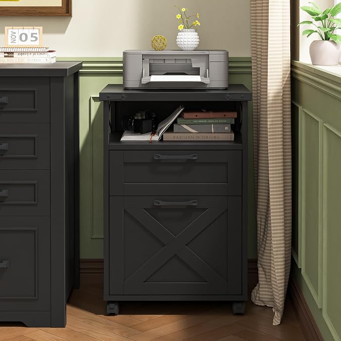 Farmhouse Filing Cabinet with Open Storage Space & Wheels, Office Filing Vertical Cabinet with 2 Drawers, Printer Stand for Hanging Files Letter/A4, Under Desk Storage Cabinets for Home Office.Black