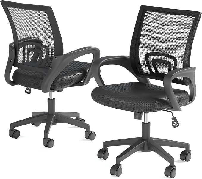 Office Chairs Set of 2, Ergonomic Mesh Desk Chairs with Lumbar Support, Adjustable Height Swivel Rolling Wheels for Home and Office Use, Black