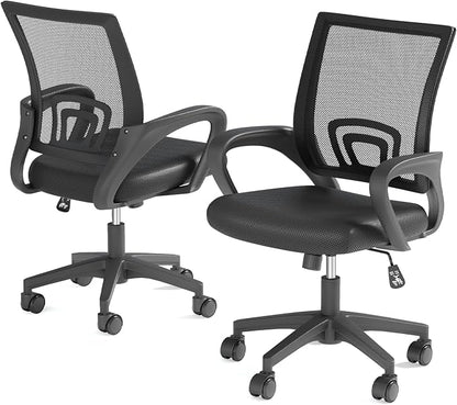 Office Chairs Set of 2, Ergonomic Mesh Desk Chairs with Lumbar Support, Adjustable Height Swivel Rolling Wheels for Home and Office Use, Black
