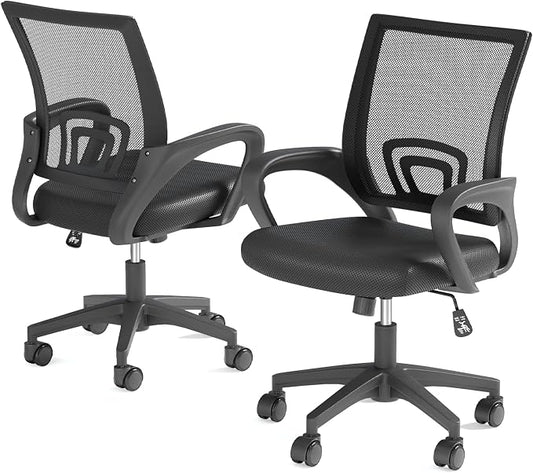 Office Chairs Set of 2, Ergonomic Mesh Desk Chairs with Lumbar Support, Adjustable Height Swivel Rolling Wheels for Home and Office Use, Black