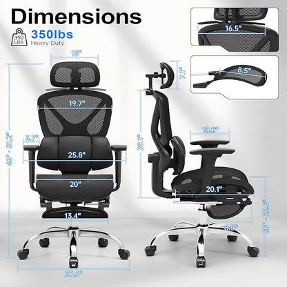 Freepub Ergonomic Mesh Office Chair, Home Desk Chair with Adjustable Lumbar Support, 3D Headrest and Armrests, Reclining Big and Tall High Back Computer Gaming Chair for Man Women, 350lbs, Black