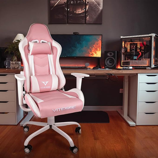 Gaming Chair High Back Gaming Chair for Teens, Ergonomic Racing Chair Computer Desk Chair with Massage Lumbar Support and Headrest, Cute Gamer Chair with Height Adjustable (Pink)