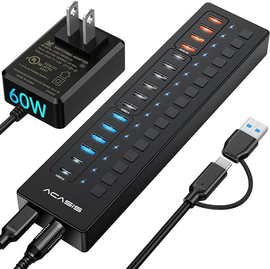 Powered USB 3.0 Hub, ACASIS 16 Port USB Hub Powered(Include 2*USB C 3.0+4 Smart Charging Port) with 60W Power Adapter, Support Wall Mount, USB Hub for PC Laptop, Mac, Printer, Camera