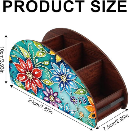 DIY Diamond Painting Storage Box Floral Design Multi-Compartment Wooden Organizer for TV AC Remotes, Makeup Brushes, Pens, Desktop Tabletop Craft Storage