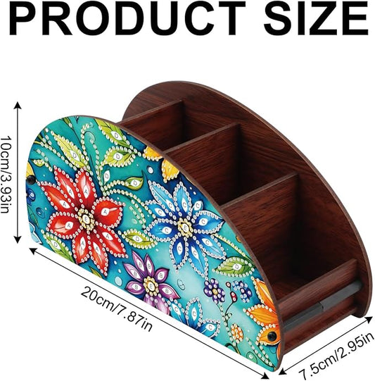 DIY Diamond Painting Storage Box Floral Design Multi-Compartment Wooden Organizer for TV AC Remotes, Makeup Brushes, Pens, Desktop Tabletop Craft Storage