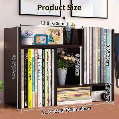 Desktop Shelf Organizer, Adjustable Wood Office Storage Rack, Counter Display Small Bookshelf for Home/Office/School(Dark Walnut)