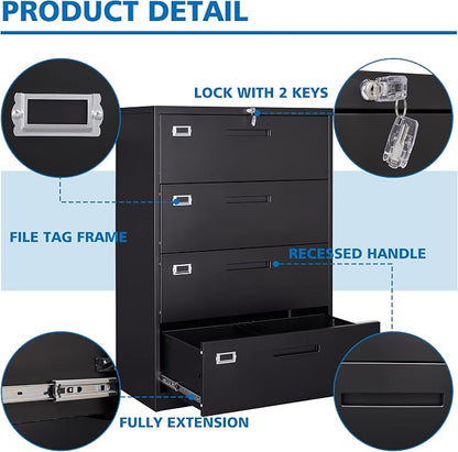 BYNSOE 4 Drawer Filing Cabinet with Lock Metal Lateral File Cabinet Office Home Steel Lateral File Cabinet for A4 Legal/Letter Size Wide Metal Cabinet Locked,Assembly Required (4 Drawer, Black)