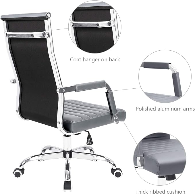 KaiMeng Ribbed Office Desk Mid Back Computer Chair Height Adjustable Conference Executive Task Swivel PU Leather (Grey)
