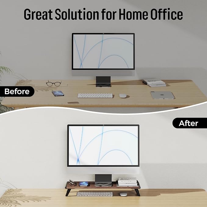 loukin Monitor Stand Riser for Desk, 22.4" x 8.3" Larger Computer Stand for Laptop, PC, Printer, Sturdy Desktop Computer Shelf with Non-Skid Rubber, Home Office (Brown)
