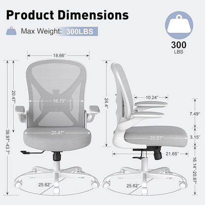 Ergonomic Office Chair with Adjustable Lumbar Support, 300 lbs Swivel Desk Chair with Flip-Up Arms, Mesh Comfy Padded Seat for Computer and Home, Grey