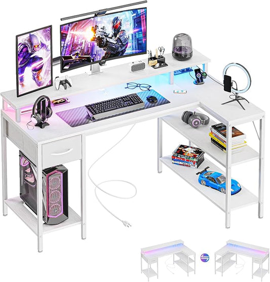 DUMOS 53” Gaming Desk with USB Charging Ports & LED Lights, Reversible L Shaped Desks Computer Corner Gamer Table with Power Outlets Monitor Stand Storage Shelves for Home Office Small Space, White