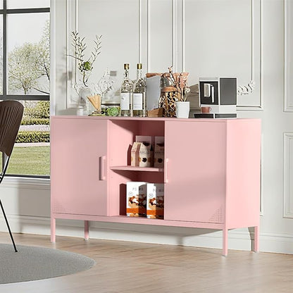 Steehoom Metal TV Stand with Doors and Shelves Modern Metal Storage Cabinet Coffee Bar 2 Door Locker for Office Living Room Kitchen (Pink, 47.24" D x 13.78" W x 29.53" H)