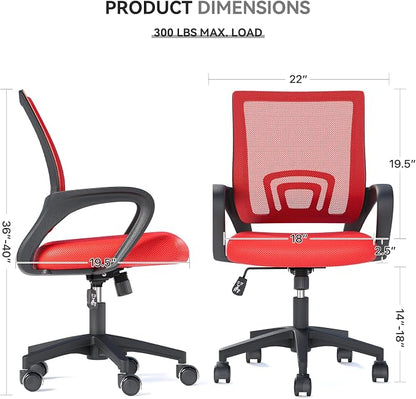 Office Chair, Ergonomic Mid-Back Mesh Desk Chair with Lumbar Support, Adjustable Height Computer Chair with Rolling Wheels Design,Comfy Armrest for Work, Study, Gaming, Red