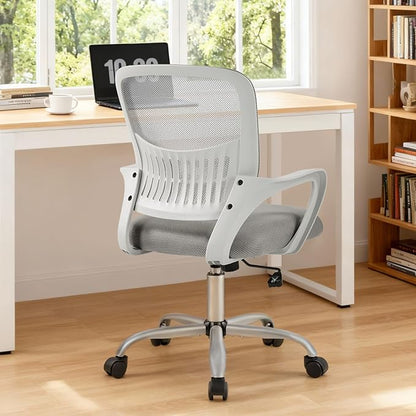 DUMOS Home Office Computer Chair - Ergonomic Mid Back Desk with Lumbar Support and Rocking Mode, Height Adjustable with Fixed Armrest, for Conference Meeting Room, 360° Swivel, Adults, Grey