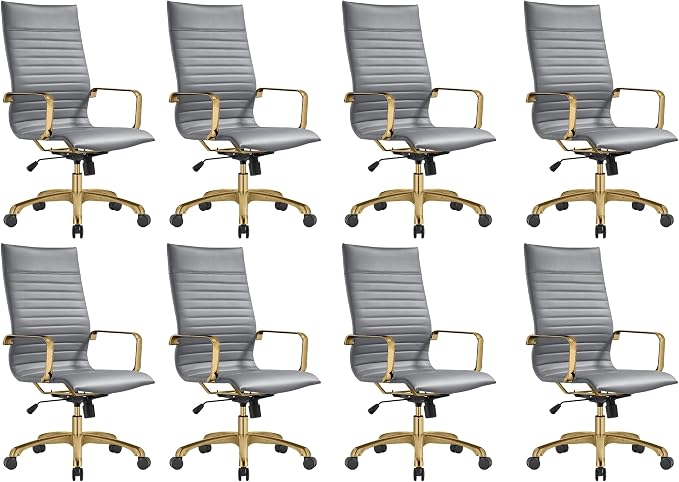 LeisureMod Harris High-Back Task Office Chair - Modern Leather Upholstery with Gold Frame, Ribbed Design 360 Degree Adjustable Swivel for Home, Office, and Study Room