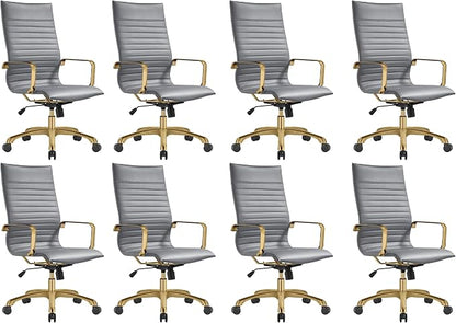 LeisureMod Harris High-Back Task Office Chair - Modern Leather Upholstery with Gold Frame, Ribbed Design 360 Degree Adjustable Swivel for Home, Office, and Study Room