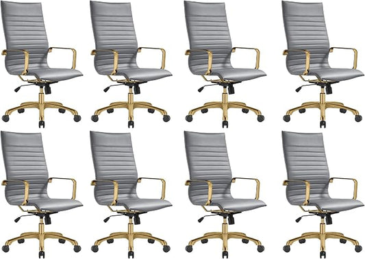 LeisureMod Harris High-Back Task Office Chair - Modern Leather Upholstery with Gold Frame, Ribbed Design 360 Degree Adjustable Swivel for Home, Office, and Study Room