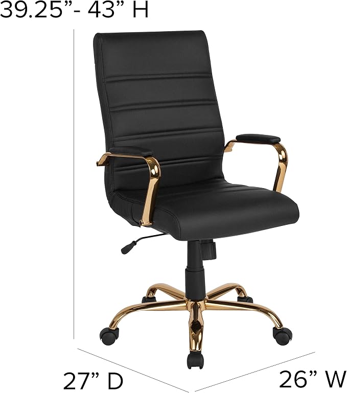 Merrick Lane Milano Contemporary High-Back Black Faux Leather Home Office Chair with Padded Gold Arms