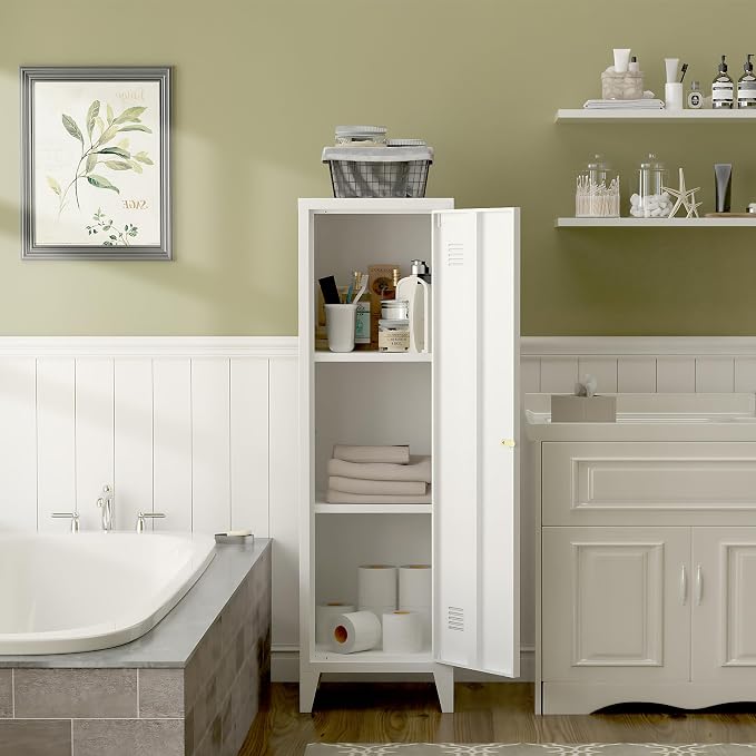 Metal Locker Storage Cabinet Locking Storage Cabinet with Door and Removable Shelves Narrow Storage Cabinet for Kitchen Pantry Bathroom (White)