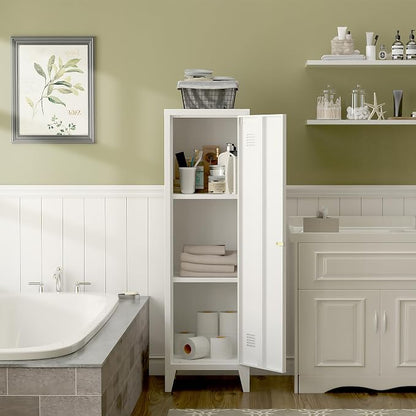 Metal Locker Storage Cabinet Locking Storage Cabinet with Door and Removable Shelves Narrow Storage Cabinet for Kitchen Pantry Bathroom (White)