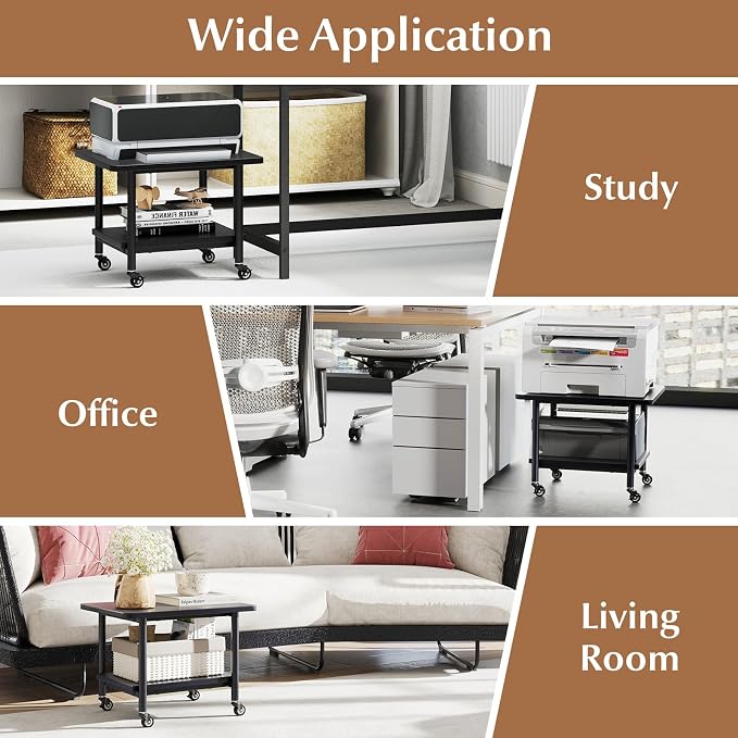 GOFLAME Under Desk Printer Stand, 2-Tier Mobile Printer Table with Storage Shelf, Metal Frame, Rolling Printer Cart Holder Storage Rack with Lockable Wheels for Home Office, Black