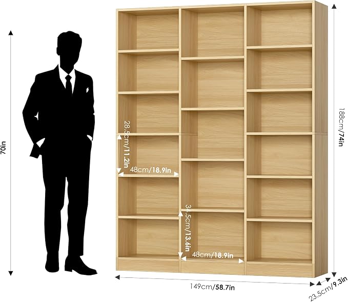FACBOTALL Triple Wide Bookshelf, 6 Tier Large Bookshelf, Bookcase with 17 Open Display Shelves, 74'' Tall Bookcases and Bookshelves for Living Room, Home Office, Library, Natural