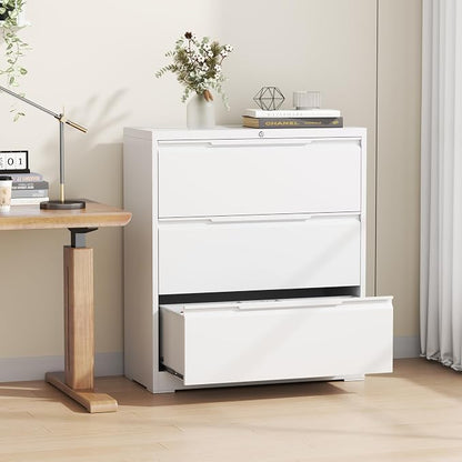 Lateral File Cabinet, 3 Drawer Lateral File Cabinet with Lock, Metal Lateral Filing Cabinet for Home Office, Office Organization Cabinet for Letter/Legal/F4/A4 Size