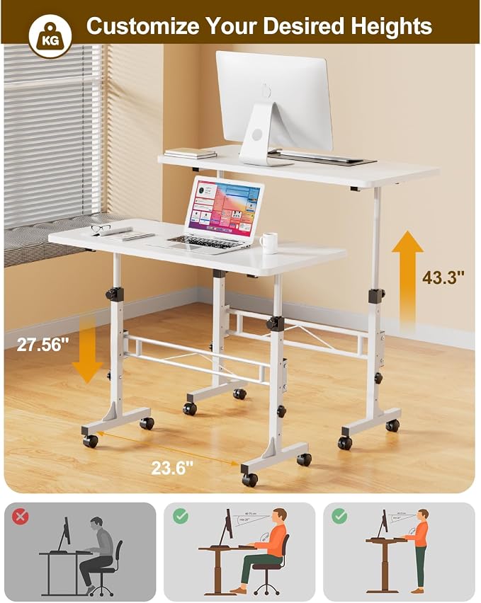Amztabler Small Standing Desk Adjustable Height, Mobile Stand Up Desk with Wheels, 32 Inch Portable Rolling Desks Conference Room Tables for Walking Pad Treadmill White