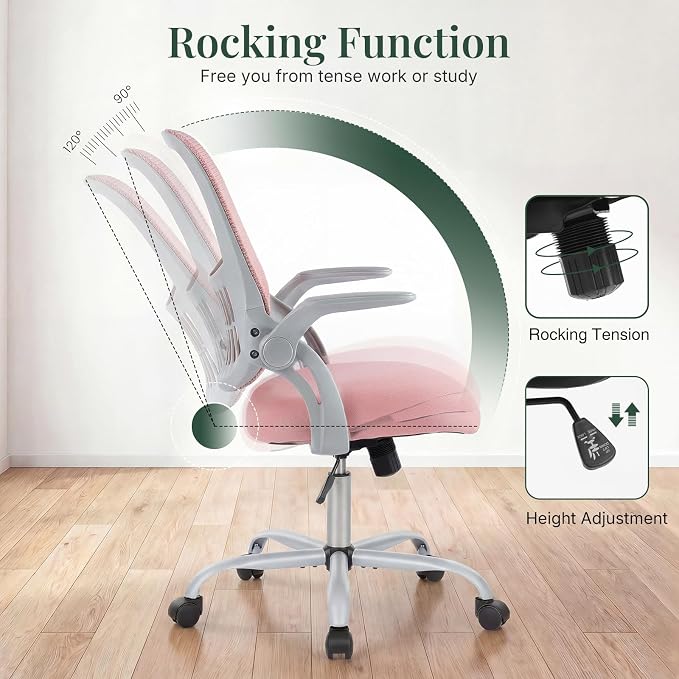 Home Office Desk Chair, Ergonomic Mid-Back Mesh Computer Task Chair with Comfortable Lumbar Support, Height Adjustable Swivel with Flip-up Armrest for Adults, Student, Pink