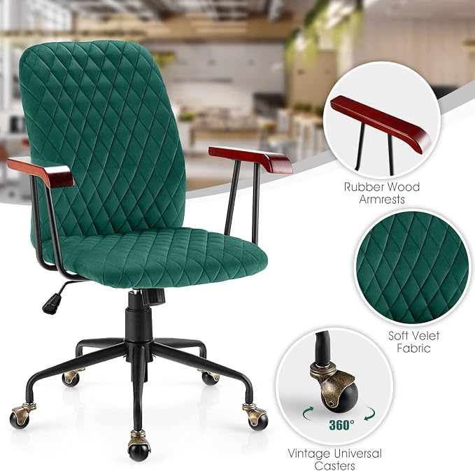 COSTWAY Green Velvet Office Chair, Upholstered Home Leisure Chair with Rubber Wood Armrests & 5-Claw Metal Base, Vintage Mid-Back Computer Desk Chair for Adult, Home, Office, Study
