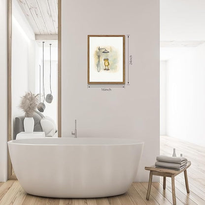 Framed Funny Frog Canvas Wall Art, Cute Frog Showering in Bathroom Canvas Prints, Whimsical Watercolor Cartoon Painting, Modern Minimalist Wall Decor for Bathroom Toilet Washroom 16x24in