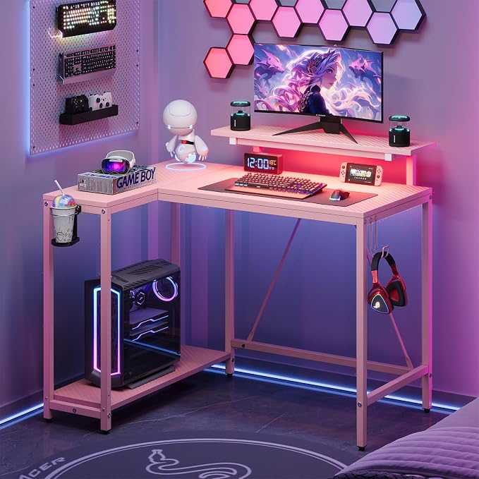 Pinmoco 42" Reversible Small L-Shaped Gaming Desk with LED Lights, Pink | corner desk fits small spaces, monitor stand, cup holder, headset hook, carbon fiber surface, for gaming and home office
