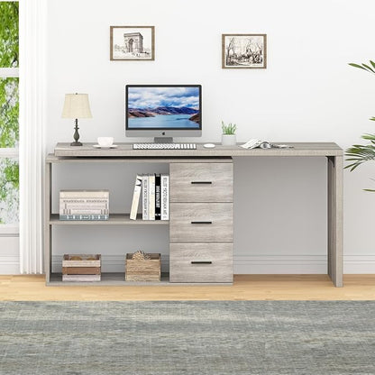 HSH L Shaped Office Desk with Drawers, Reversible Corner Wood Computer Desk Gray, Large L Shaped Desk with Storage Cabinet Shelves for Executive Writing Study, Modern Bedroom Table Grey Oak, 60 Inch