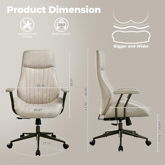 ovios Home Office Chair, Mid-Century Modern Faux Suede Leather Ergonomic Chairs, High Back Comfy Computer Swivel Rolling Task Executive Armchair, Beige