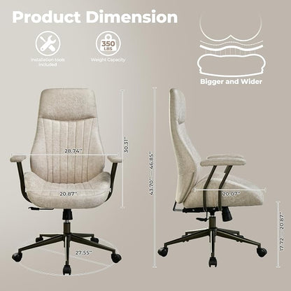 ovios Home Office Chair, Mid-Century Modern Faux Suede Leather Ergonomic Chairs, High Back Comfy Computer Swivel Rolling Task Executive Armchair, Beige