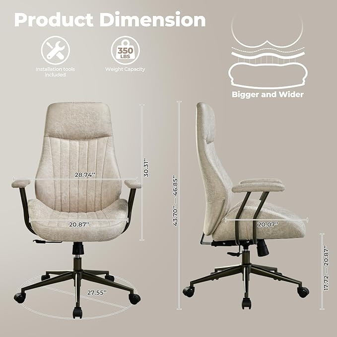 ovios Executive Ergonomic Office Chair, High Back Comfy Faux Suede Leather Computer Chairs, Mid-Century Modern Swivel Rolling Task Armchair, Beige
