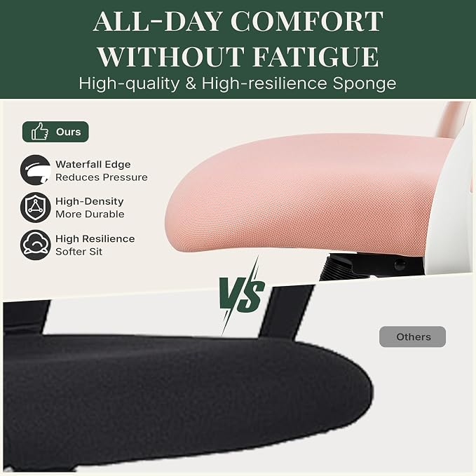 Ergonomic Office Chair, Comfy Desk Chair with Wheels, Adjustable Headrests, Flip-Up Armrests, Breathable Mesh High-Back, Comfortable Swivel Seating for Home Computer, Pink
