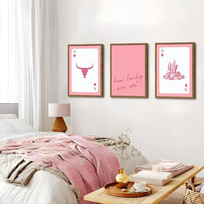Pink Western Wall Art, How Lucky are We Wall Decor Picture Southwestern Cowgirl Playing Card Poster Canvas Print Bull Skull Painting Artwork for Bedroom Living Room 12x16 inch Wood Framed
