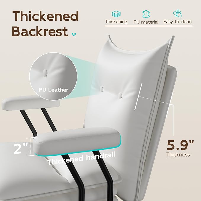 White Leather Office Chair with Triple-Layer Seat, Home Desk Chair | Comfy 7.3-inch Thick Cushion, Mid Back Ergonomic Support for Long Hours, Smooth Silent Wheels, Mid-Century Vintage Style
