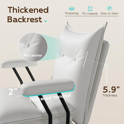 White Leather Office Chair with Triple-Layer Seat, Home Desk Chair | Comfy 7.3-inch Thick Cushion, Mid Back Ergonomic Support for Long Hours, Smooth Silent Wheels, Mid-Century Vintage Style