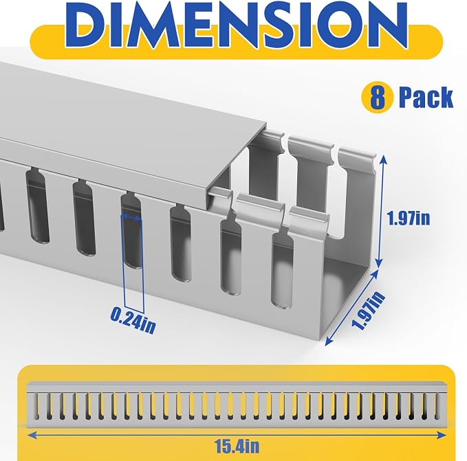 Open Slot Wiring Raceway Cable Duct, 123in Cable Management Channel Cord Track,Desk Wire Channel, Under Desk Cable Management to Hide Cables, Wires for Computers (Grey, 1.97" Hx1.97 W, 15.4''L(8 Pc))