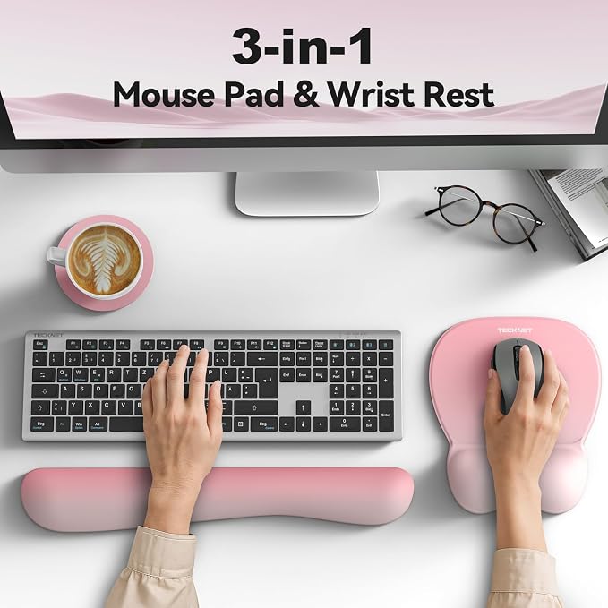TECKNET Gel Mouse Pad with Wrist Rest, 3 in 1 Keyboard Wrist Rest for Pain Relief, Non-Slip PU Base & Easy Typing, Ergonomic Mousepad Set for Office & Home