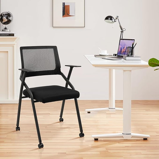 CLATINA Stackable Foldable Conference Room Chairs with Wheels, Portable Padded Office Desk Chair with Lumbar Support and Armrest for Training Room, Guest, Reception, Event, Black (1pk)