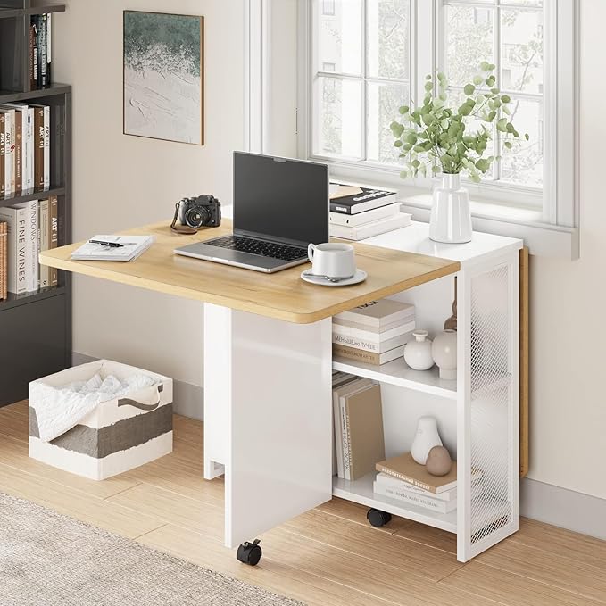 IDEALHOUSE FoldingTable, Drop Leaf Dining Table with 6 Wheels and 2-Layer Storage Shelf, Space Saving Table for Small Spaces (Natural Wood, 50.1" D x 31.4" W x 29.5" H)