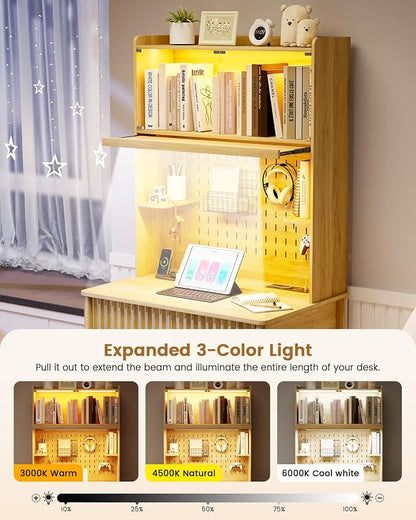 HNEBC Natural Computer Desk - with Power Outlets & Chariging Station,Small Writing Desk with Hutch and Drawers,66.3''H Office Desk with Pull-Out LED Lights,Pop-up Glass Door,Pegboards,Bedroom