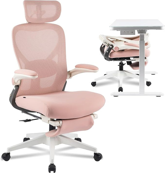 FLEXISPOT Foldex Ergonomic Office Chair, Folding Chair for Small Spaces with Lumbar Support, Flip-up Armrests, 3D Headrest, Desk Chairs with Footrest for Work,Video Game,Gift Foam Seat, Pink