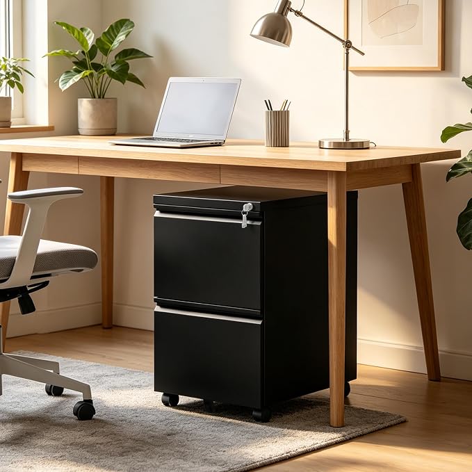 SAWJEC 2 Drawer File Cabinet with Lock, Fully Assembled Rolling Metal Filing Cabinet for Home Office, Fits Letter/Legal/A4, Black, 17" D x 15" W x 26" H