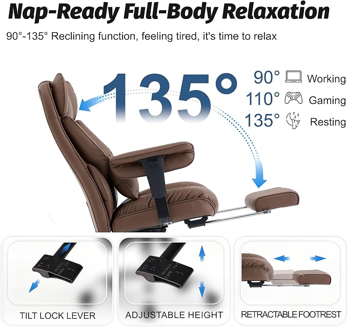 Efomao Executive Office Chair 400lbs,Brown Big and Tall Desk Chair | Mattress-grade pocket spring cushion, sleek leather, 135° recline & footrest for computer gaming setup.